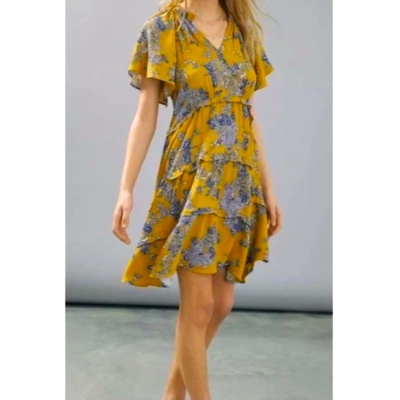 Anthropologie Dresses & Skirts - Anthropologie Gold Mustard Yellow Blue Floral Tiered Viscose Dress Women’s Sz L